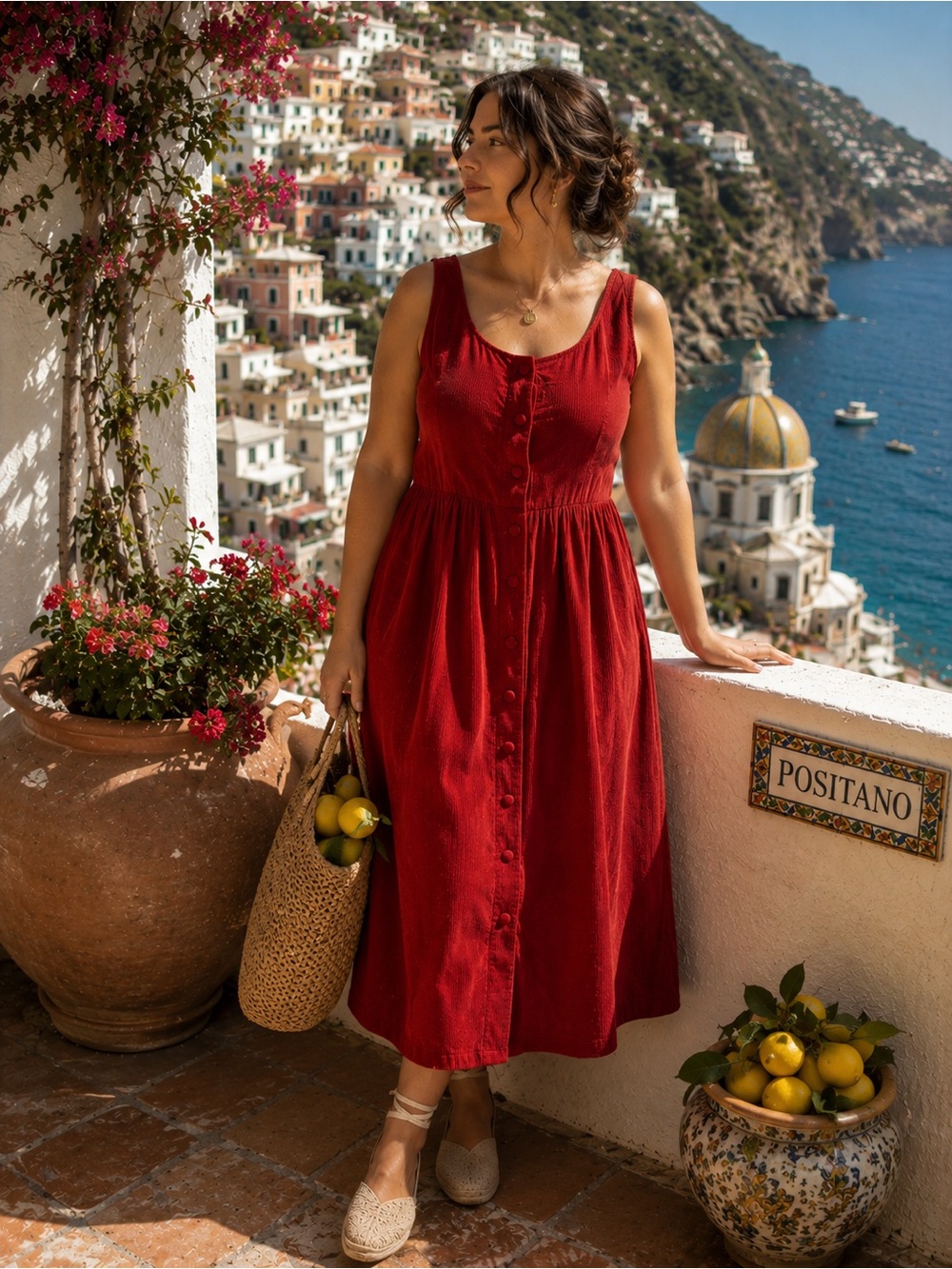 Appleseed’s 100% Cotton Corduroy Tomato Girl Midi Dress 1X Button Front Back Tie